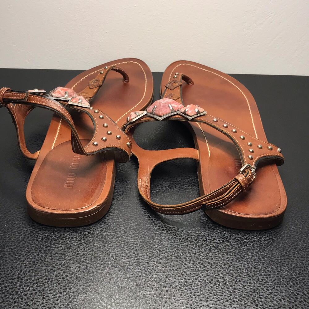 Miu Miu SZ 41 Brown Leather Thong Gladiator Sandals Pink Silver Pyramid Studs - Picture 12 of 13